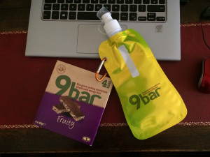 9bar soft water bootl and Fruity flavour bars. Gift from 9bar for signing up for the 9bar9x9 event.