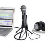 Image of microphone, laptop and headphone